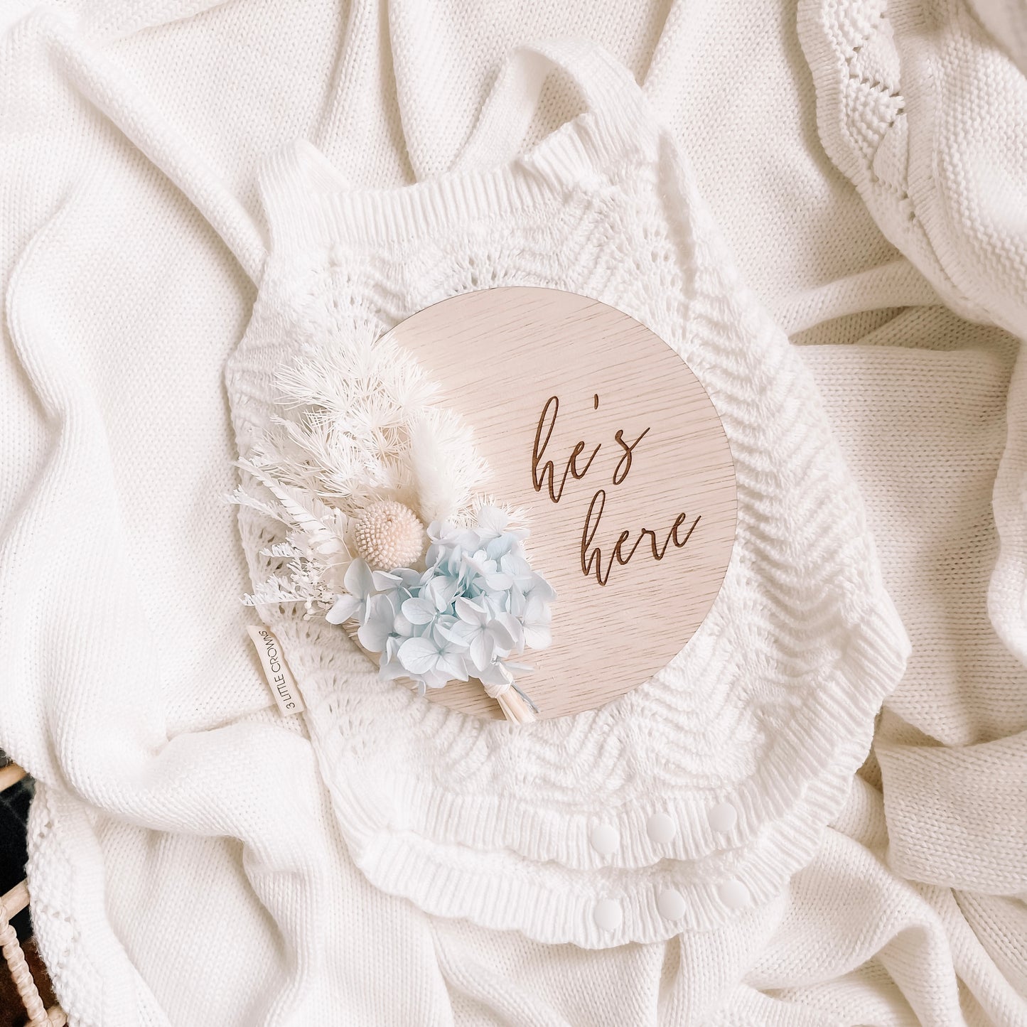 Everlasting Floral Announcement Plaque – "He's Here"