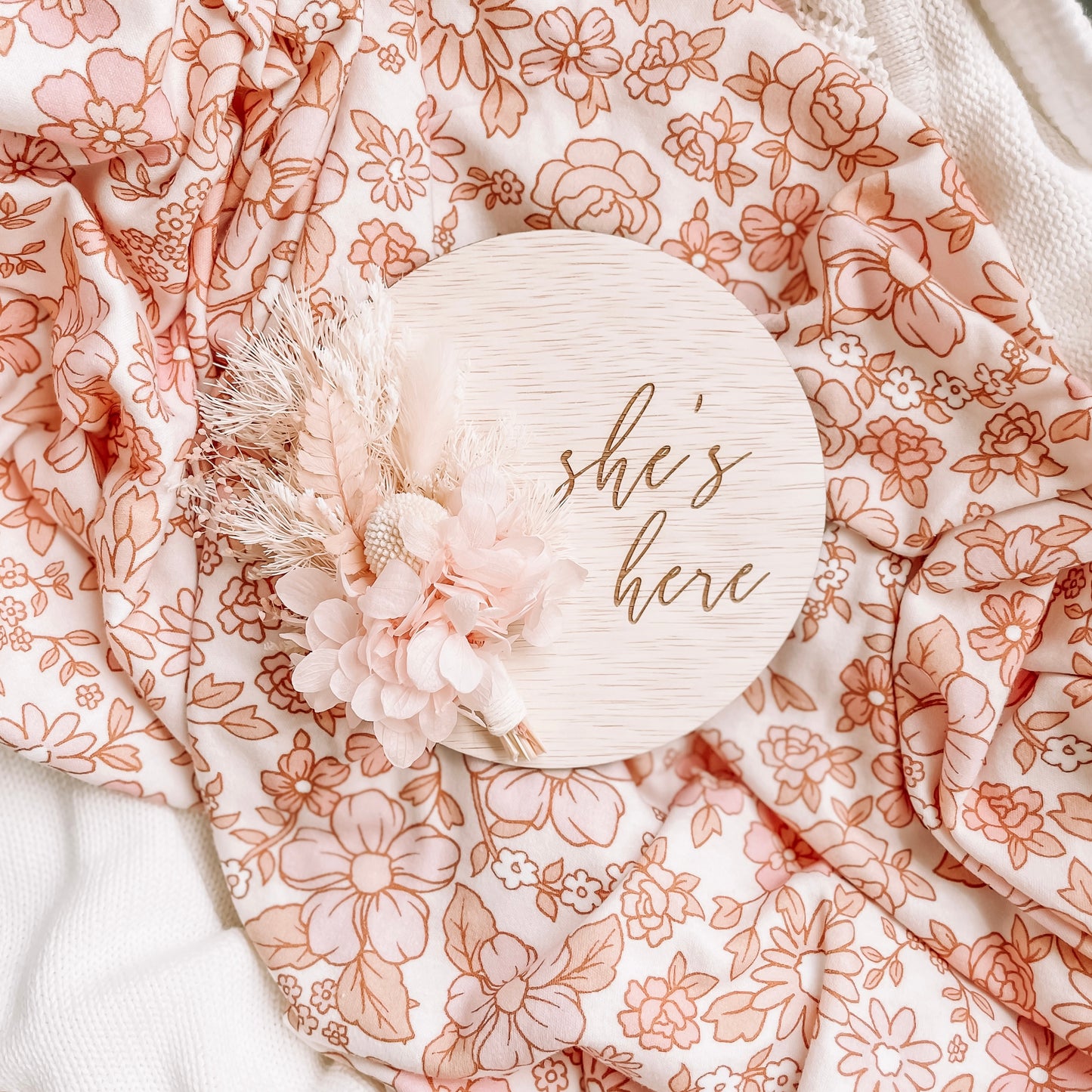 Everlasting Floral Announcement Plaque – "She's Here"