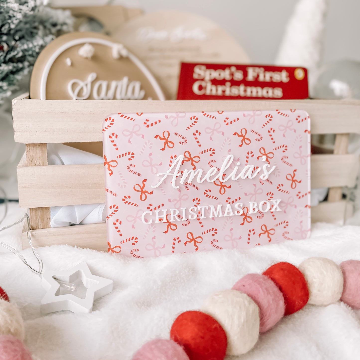 Acrylic Christmas Crate Plaque - Candy Cane Print