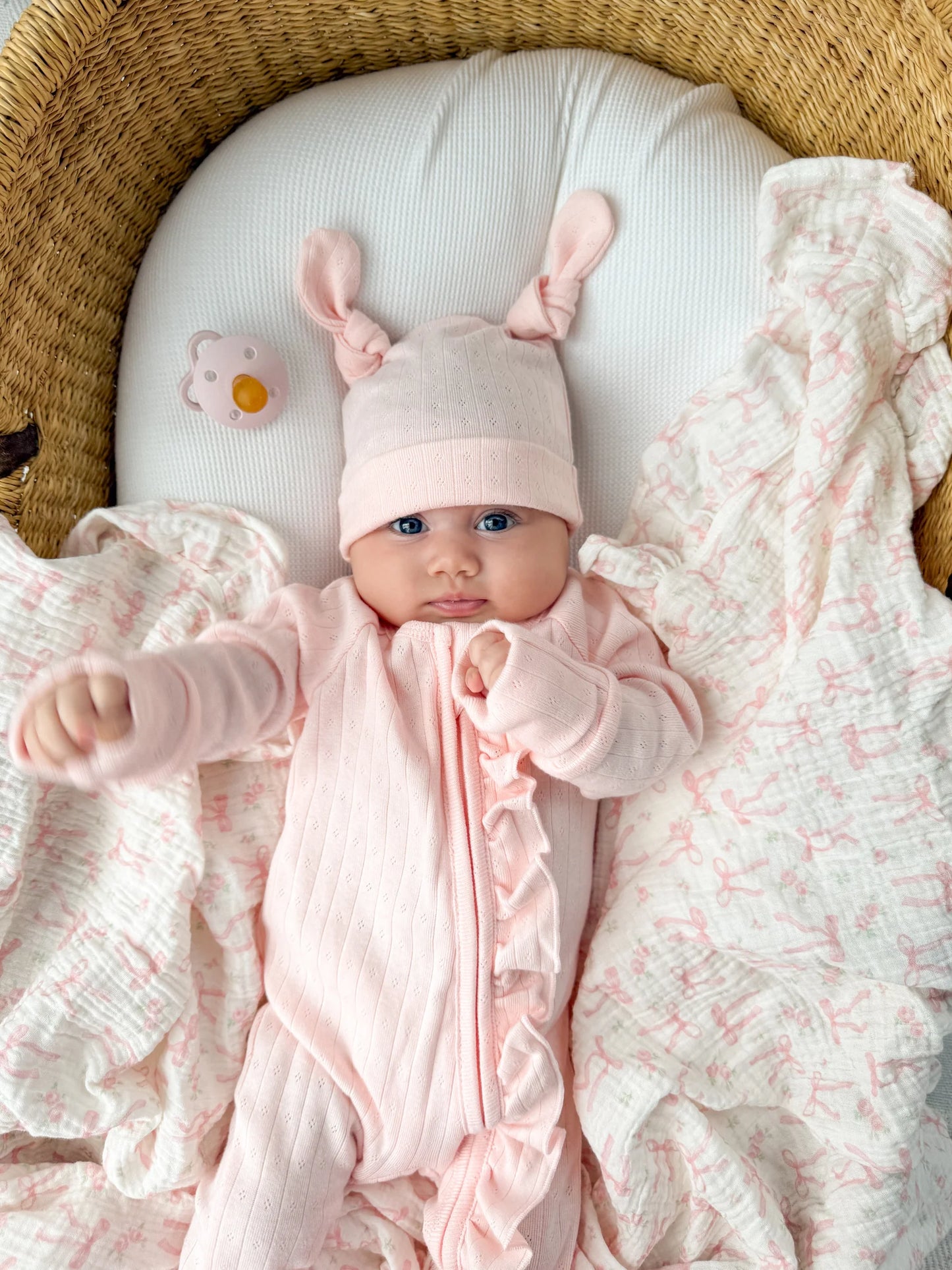 Little & Fern Frill Zip Romper| Petal Pink Pointelle