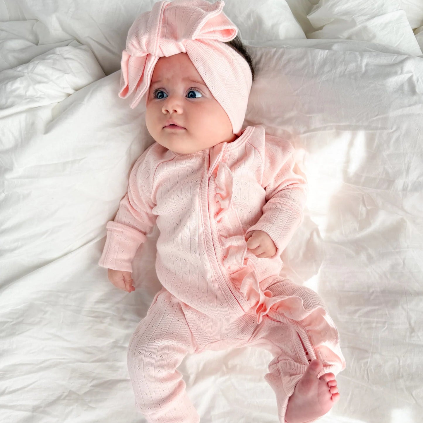 Little & Fern Frill Zip Romper| Petal Pink Pointelle
