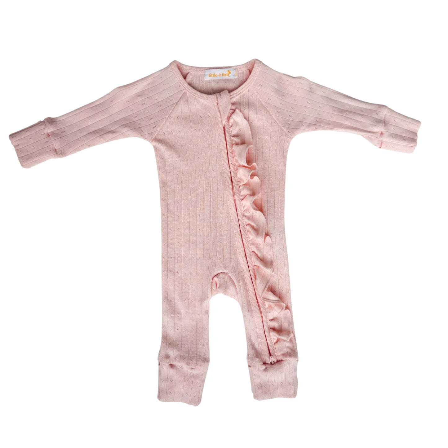 Little & Fern Frill Zip Romper| Petal Pink Pointelle