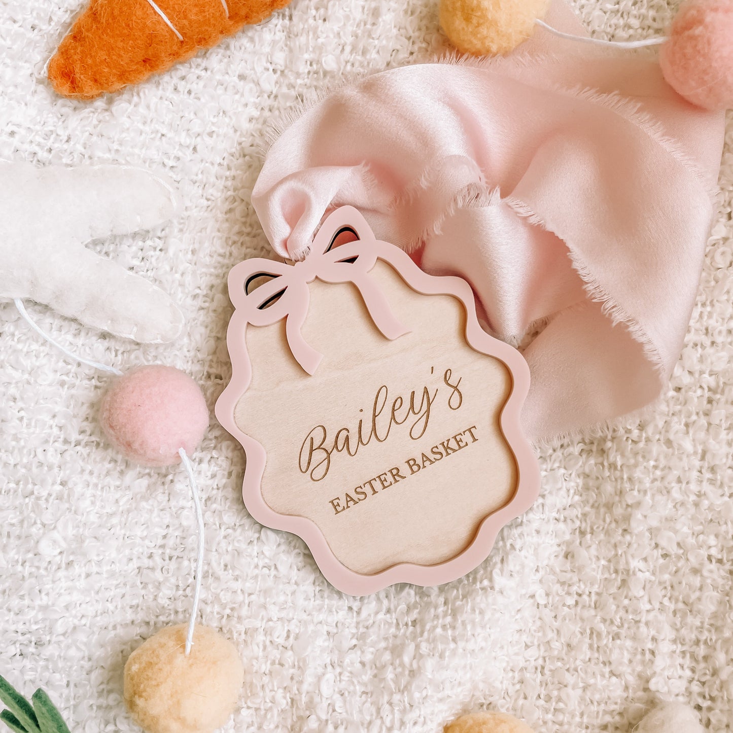 Personalised Wooden Easter Basket Tag with Scallop Bow
