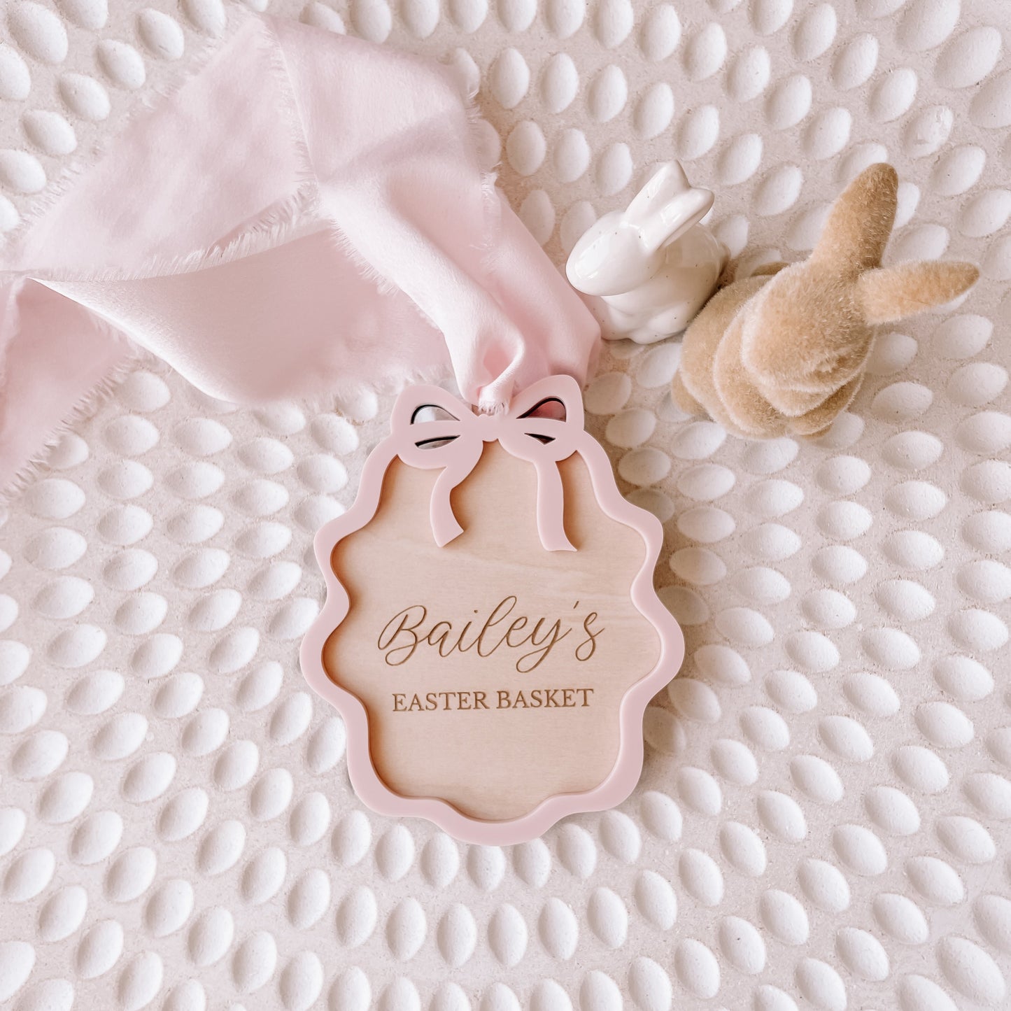 Personalised Wooden Easter Basket Tag with Scallop Bow