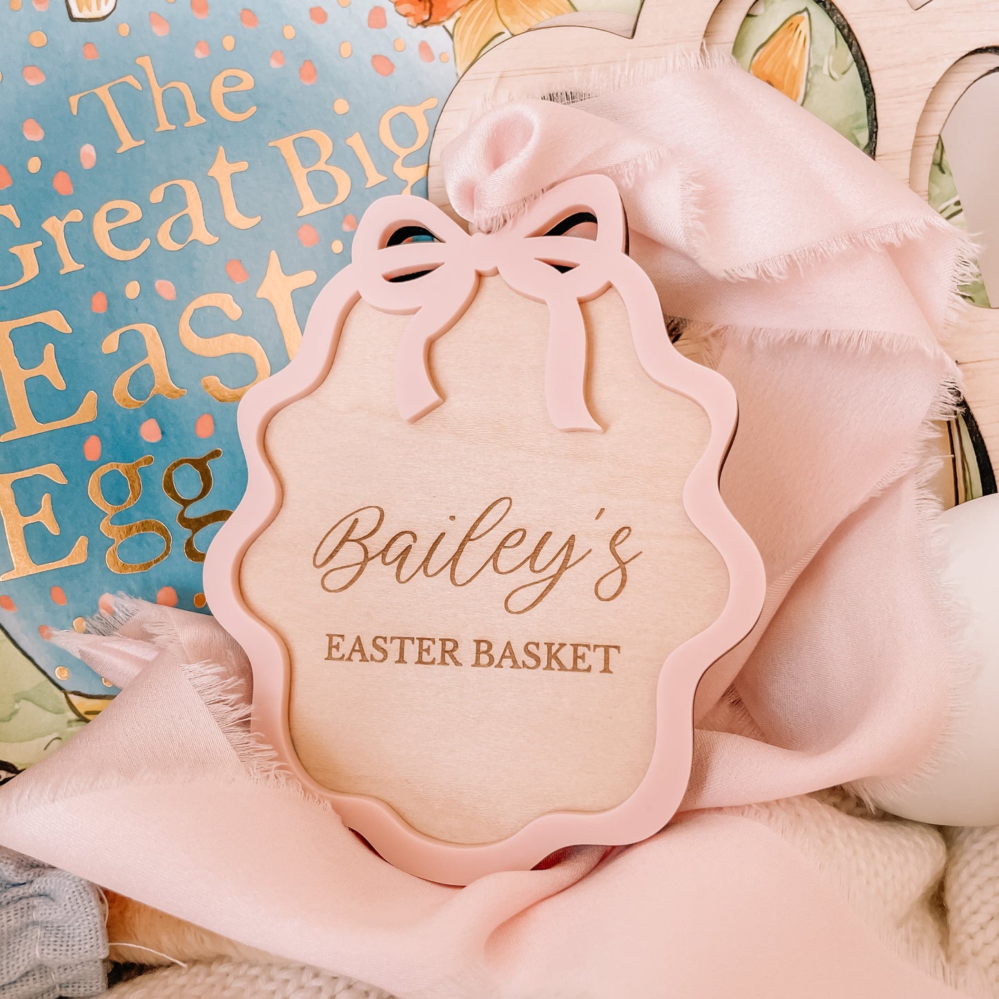 Personalised Wooden Easter Basket Tag with Scallop Bow