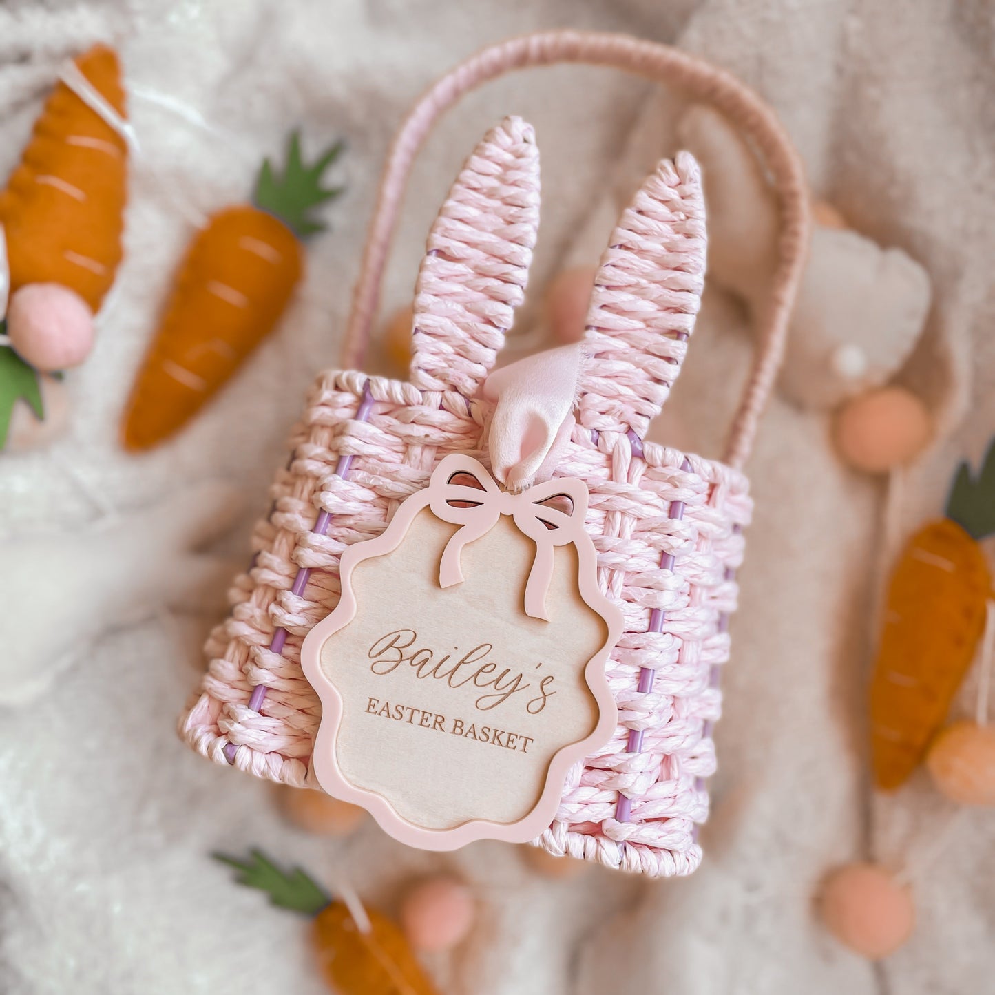 Personalised Wooden Easter Basket Tag with Scallop Bow