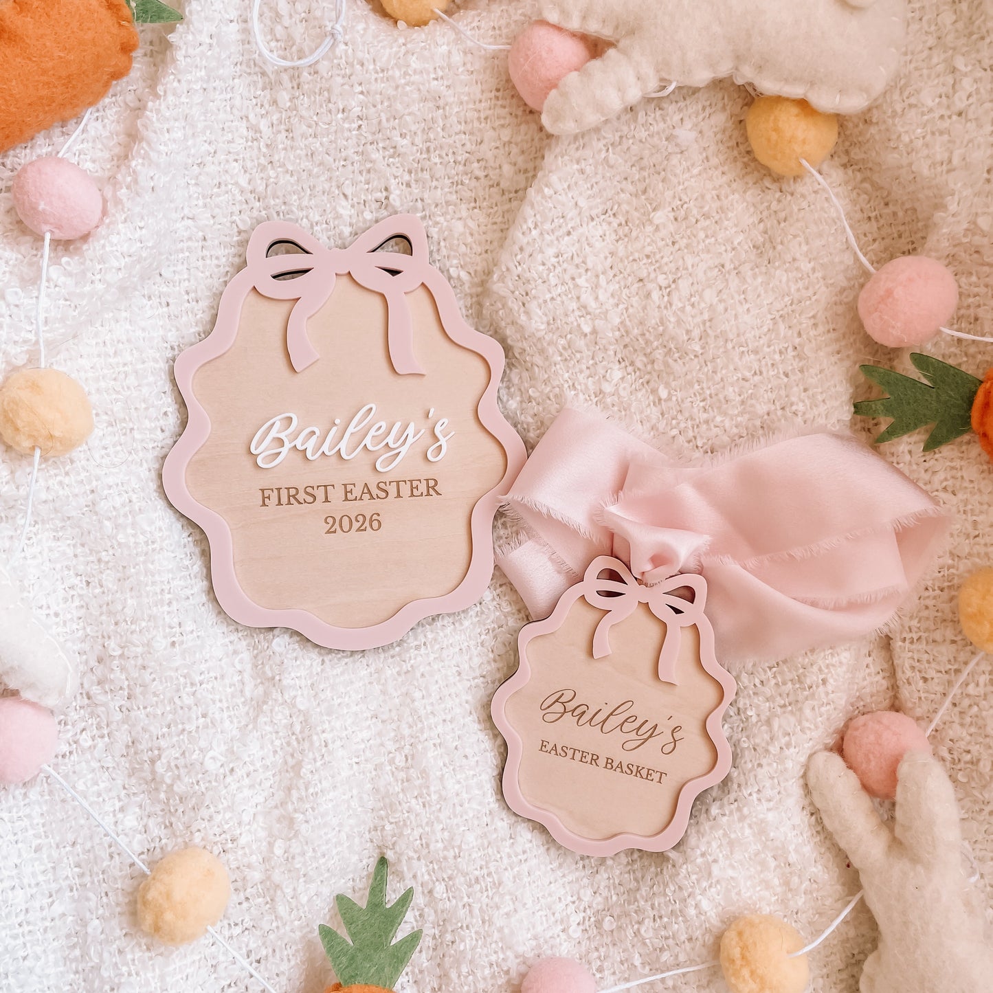 Personalised Wooden Easter Basket Tag with Scallop Bow