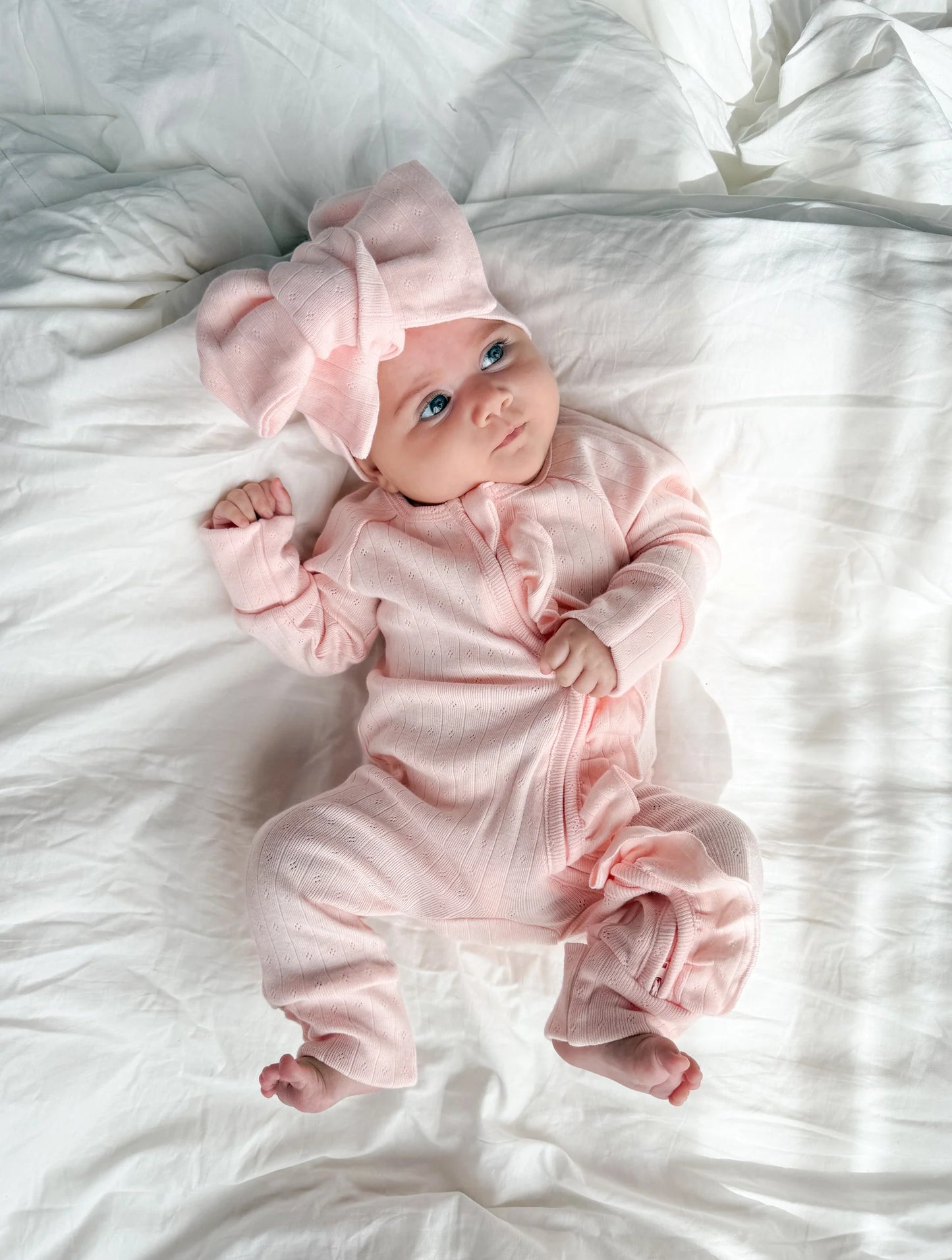 Little & Fern Frill Zip Romper| Petal Pink Pointelle